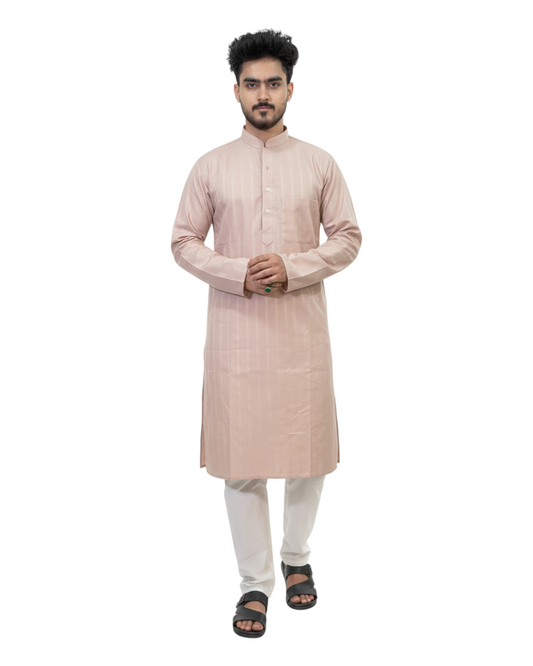 Murih Men's Beige Cotton Blend Striped Kurta Pyjama Set
