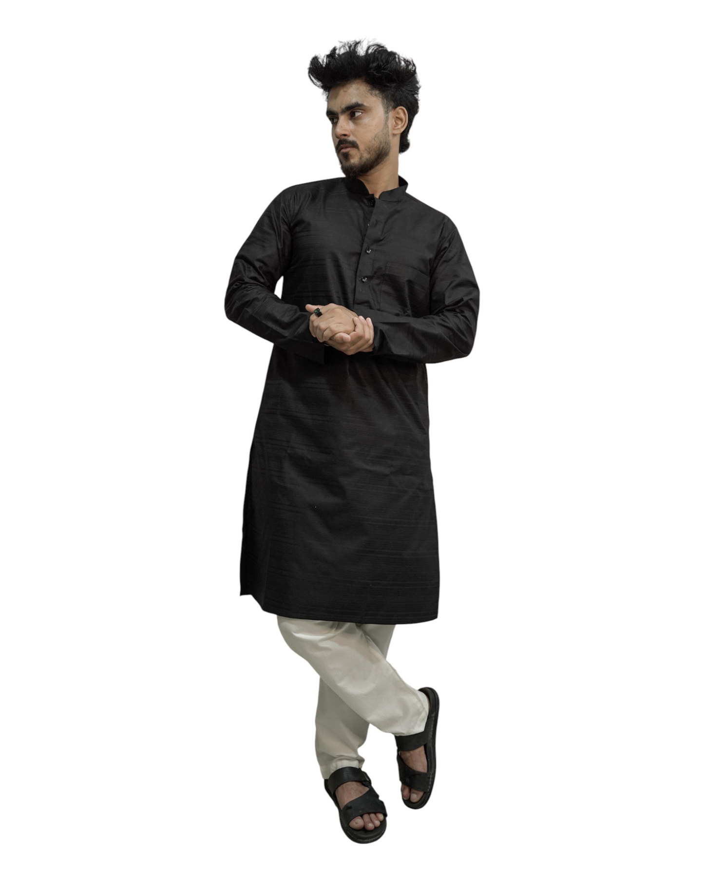 Murih Men's Black Cotton Blend Striped Kurta Pyjama Set