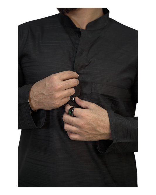 Murih Men's Black Cotton Blend Striped Kurta Pyjama Set