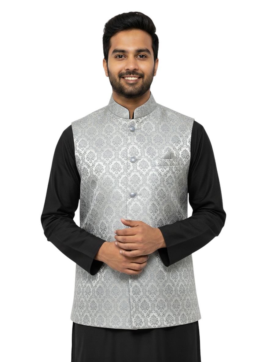 Murih Men’s Light Grey Jacquard Nehru Jacket | Ethnic Modi Waistcoat