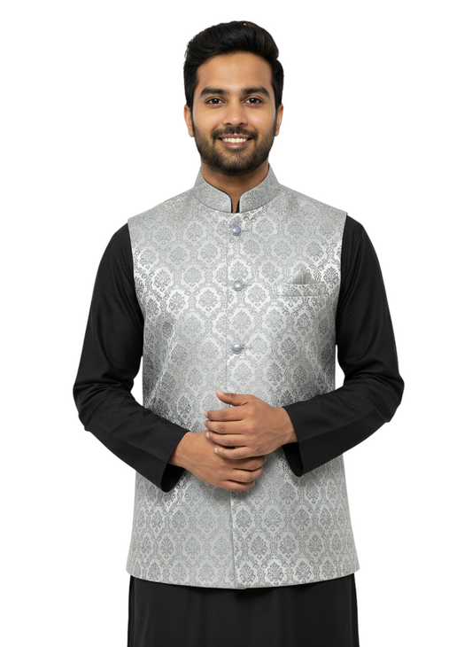Murih Men’s Light Grey Jacquard Nehru Jacket | Ethnic Modi Waistcoat