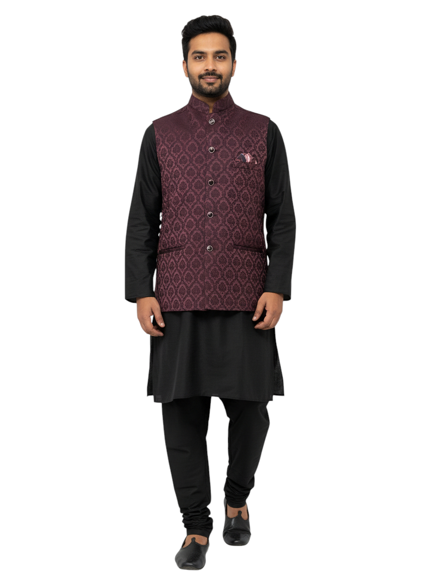 Murih Men’s Maroon Jacquard Nehru Jacket | Ethnic Modi Waistcoat