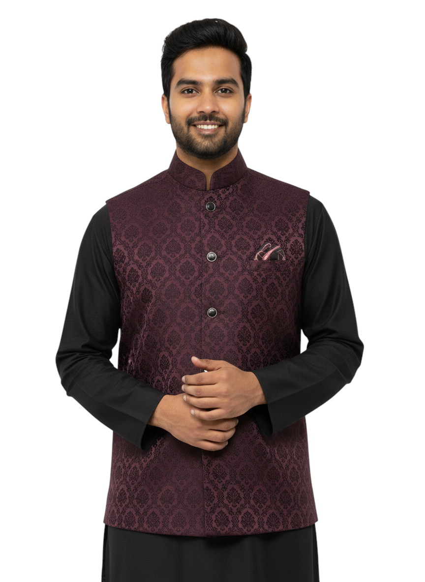 Murih Men’s Maroon Jacquard Nehru Jacket | Ethnic Modi Waistcoat