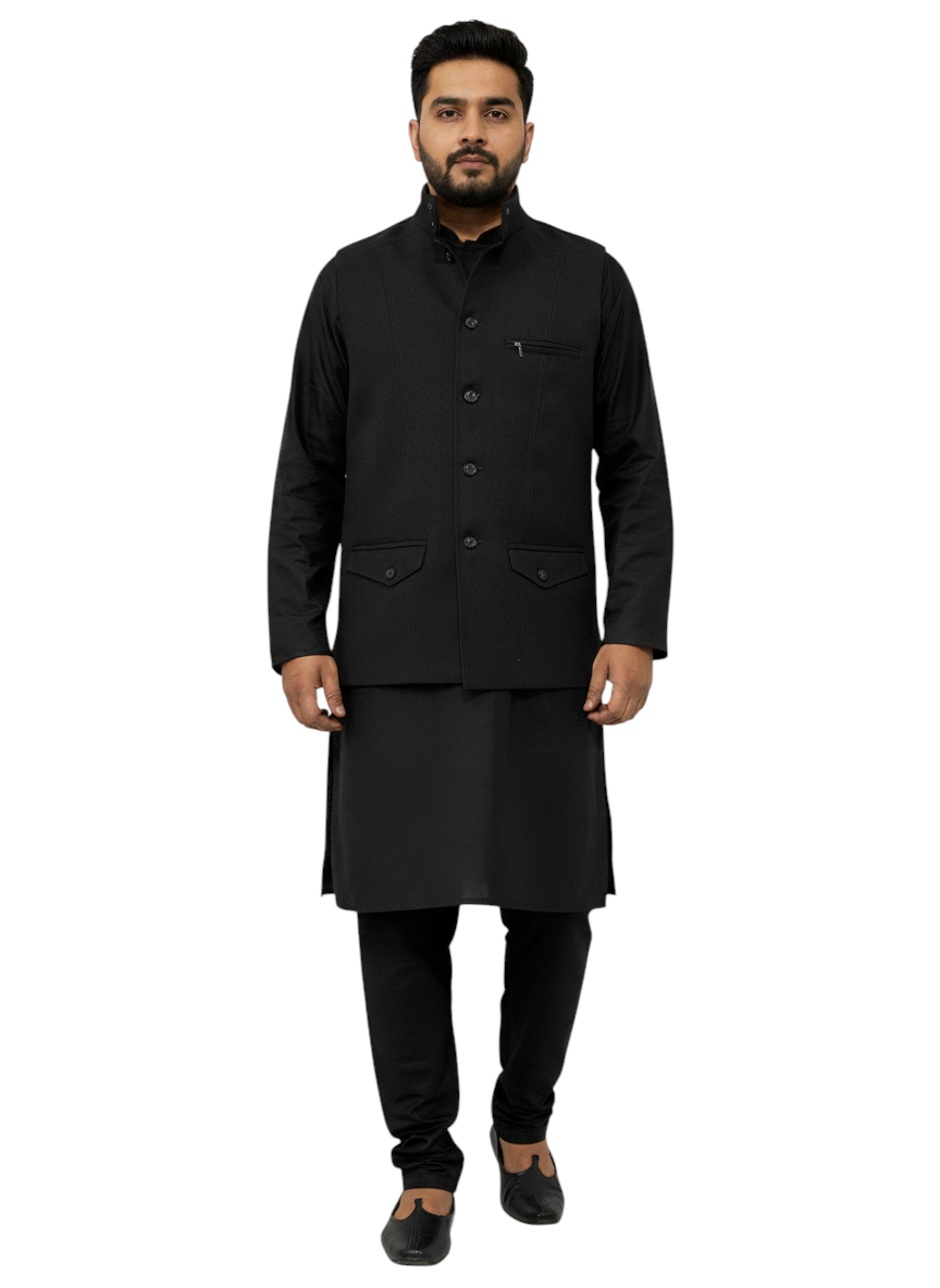 Murih Men’s Black Tweed Nehru Jacket | Ethnic Winter Modi Waistcoat