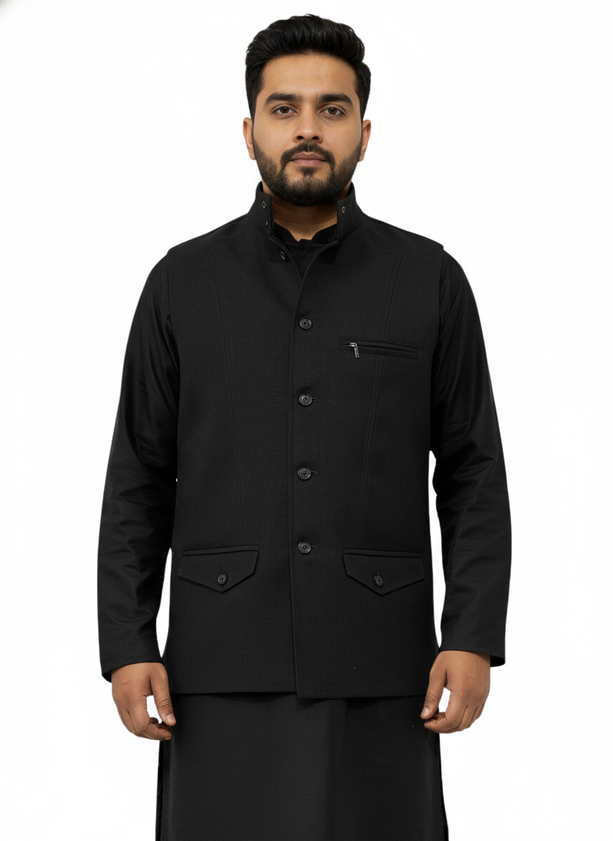 Murih Men’s Black Tweed Nehru Jacket | Ethnic Winter Modi Waistcoat
