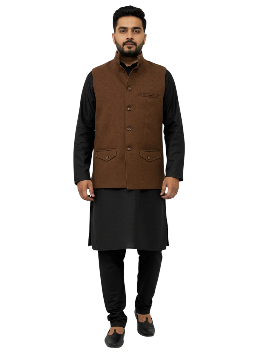 Murih Men’s Brown Tweed Nehru Jacket | Wool Blend Modi Waistcoat