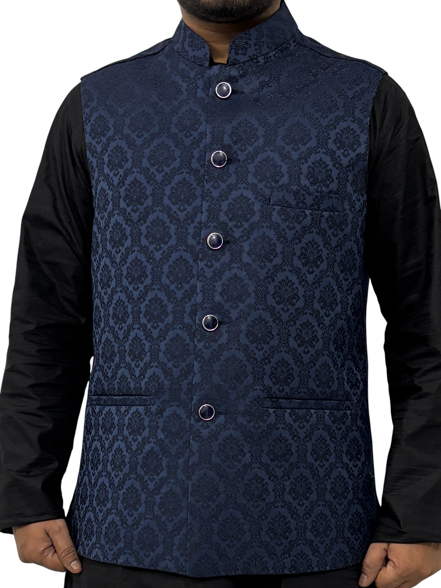 Murih Men’s Navy Blue Jacquard Nehru Jacket | Ethnic Modi Waistcoat