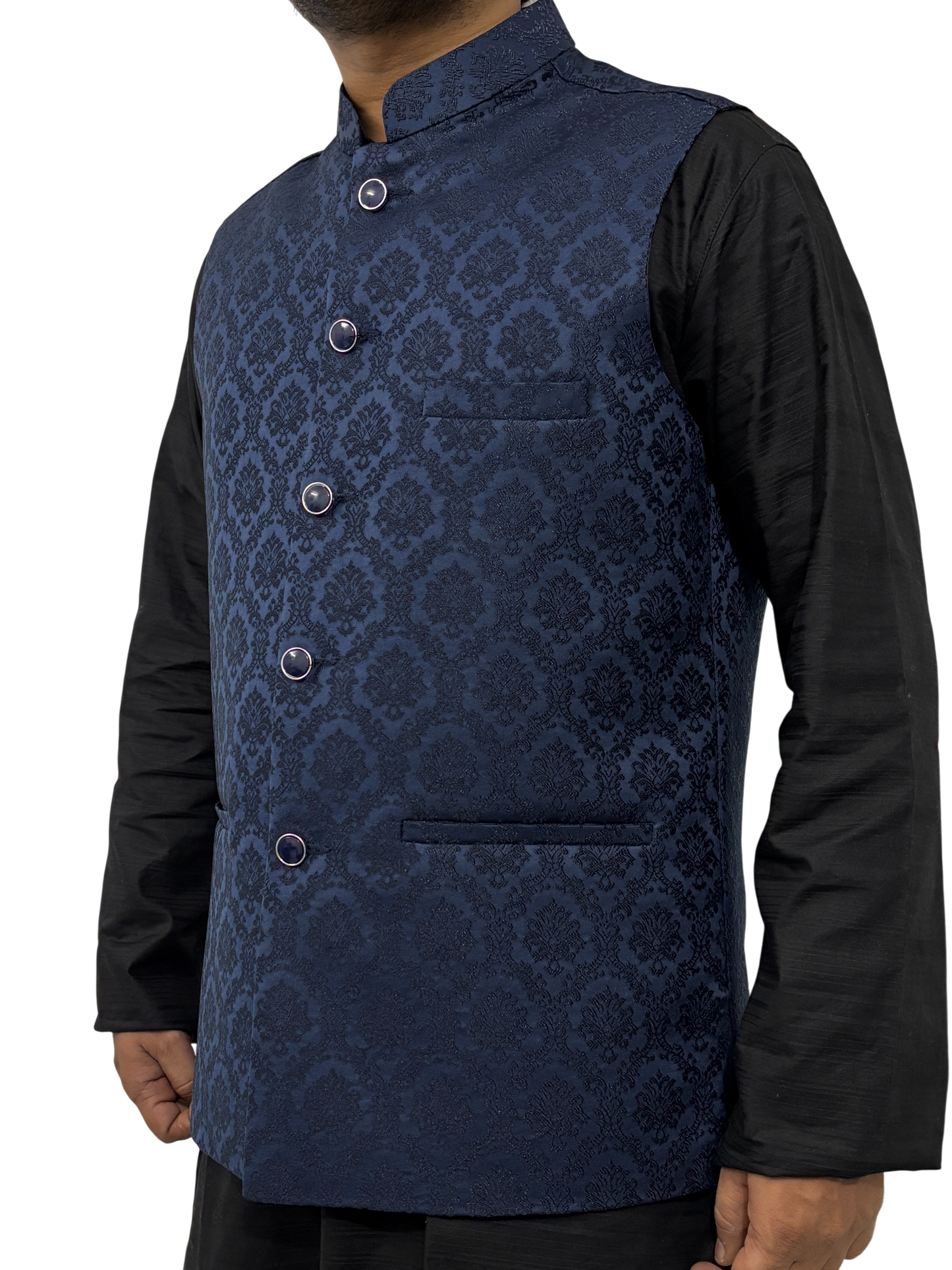 Murih Men’s Navy Blue Jacquard Nehru Jacket | Ethnic Modi Waistcoat