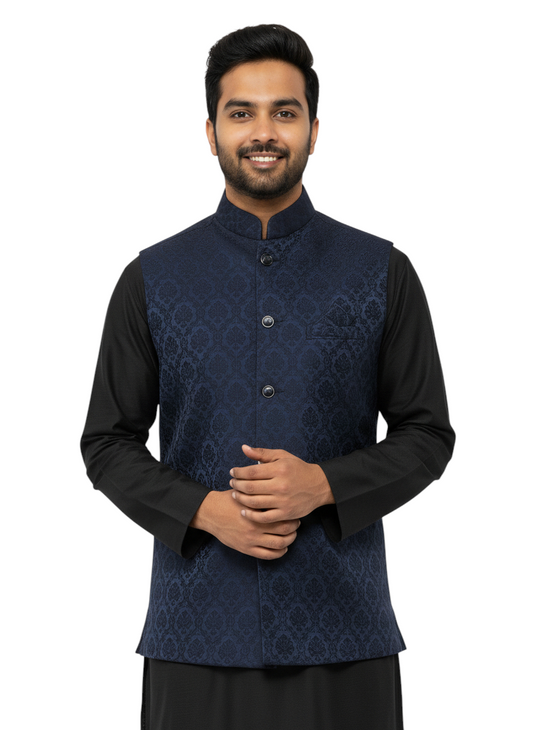 Murih Men’s Navy Blue Jacquard Nehru Jacket | Ethnic Modi Waistcoat