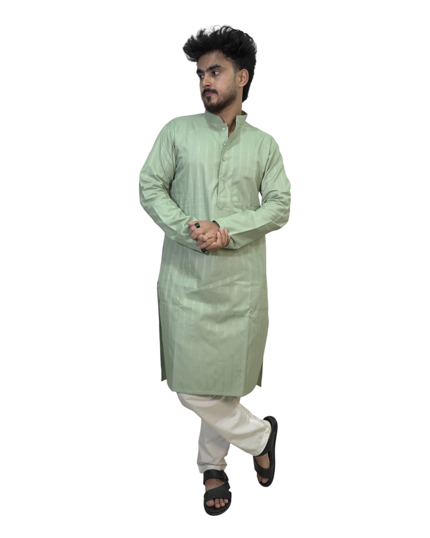 Murih Men's Pastel Green Cotton Blend Striped Kurta Pyjama Set