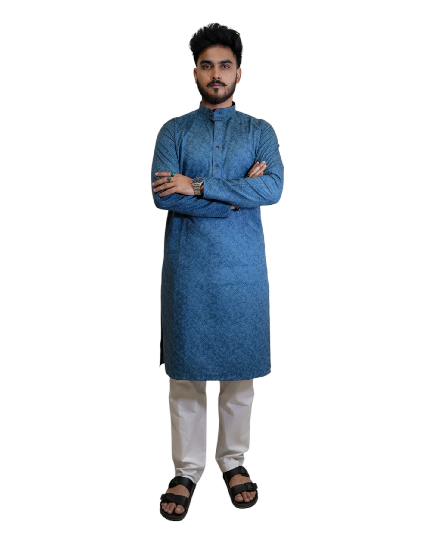 Murih Men's Teal Blue Cotton Geometric Print Kurta Pyjama Set