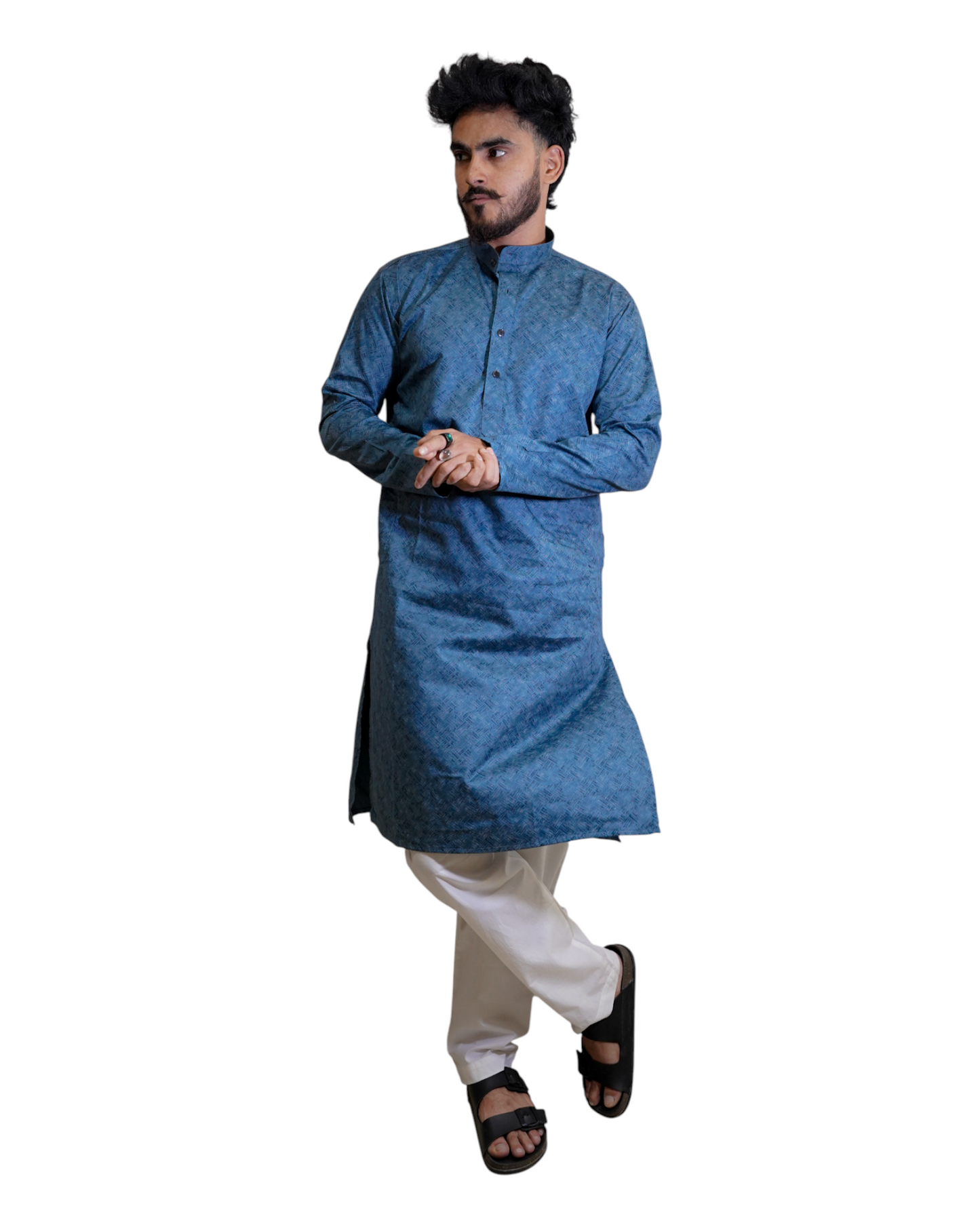 Murih Men's Teal Blue Cotton Geometric Print Kurta Pyjama Set