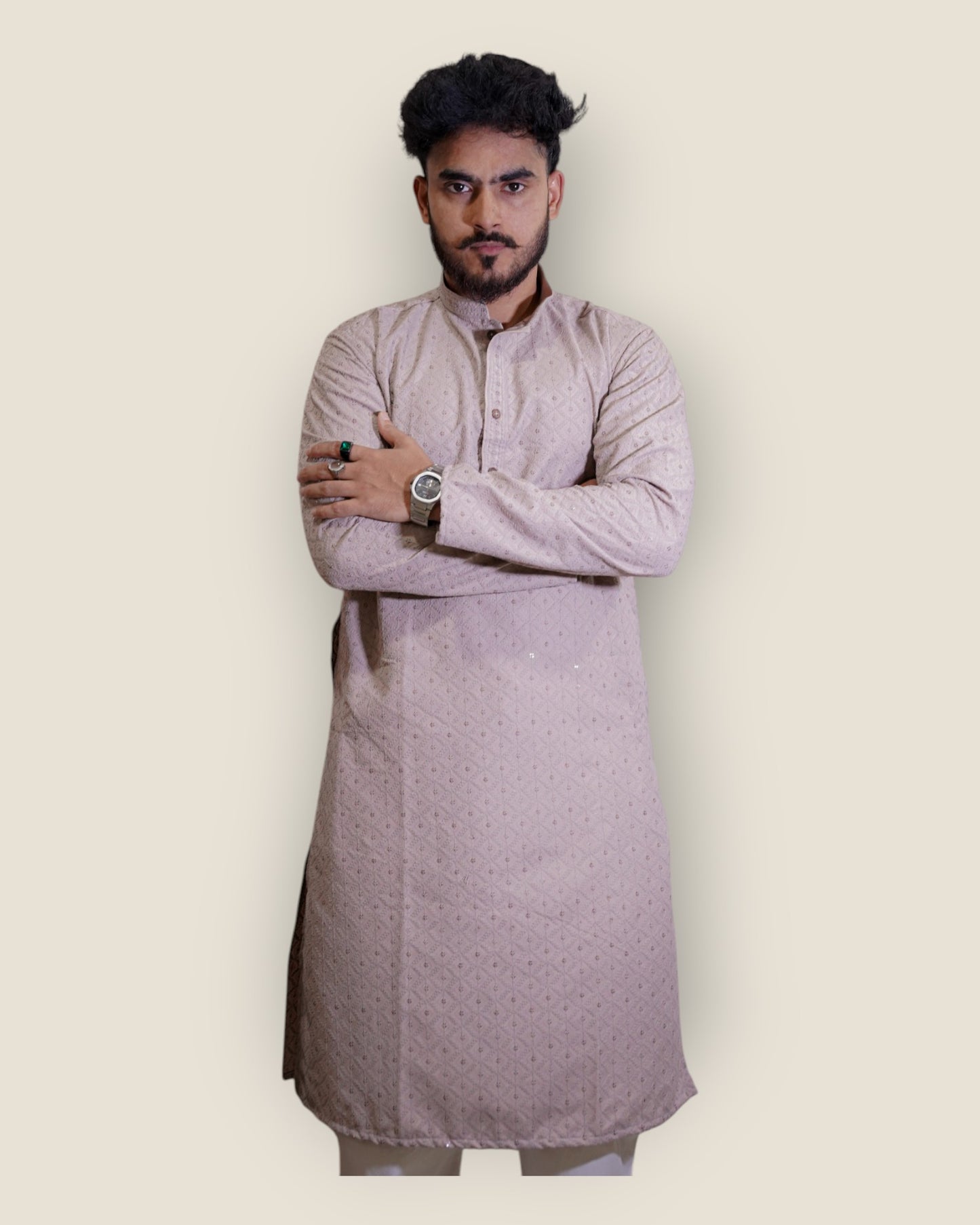 Men’s Beige Jacquard Kurta – Elegant Ethnic Wear by Murih