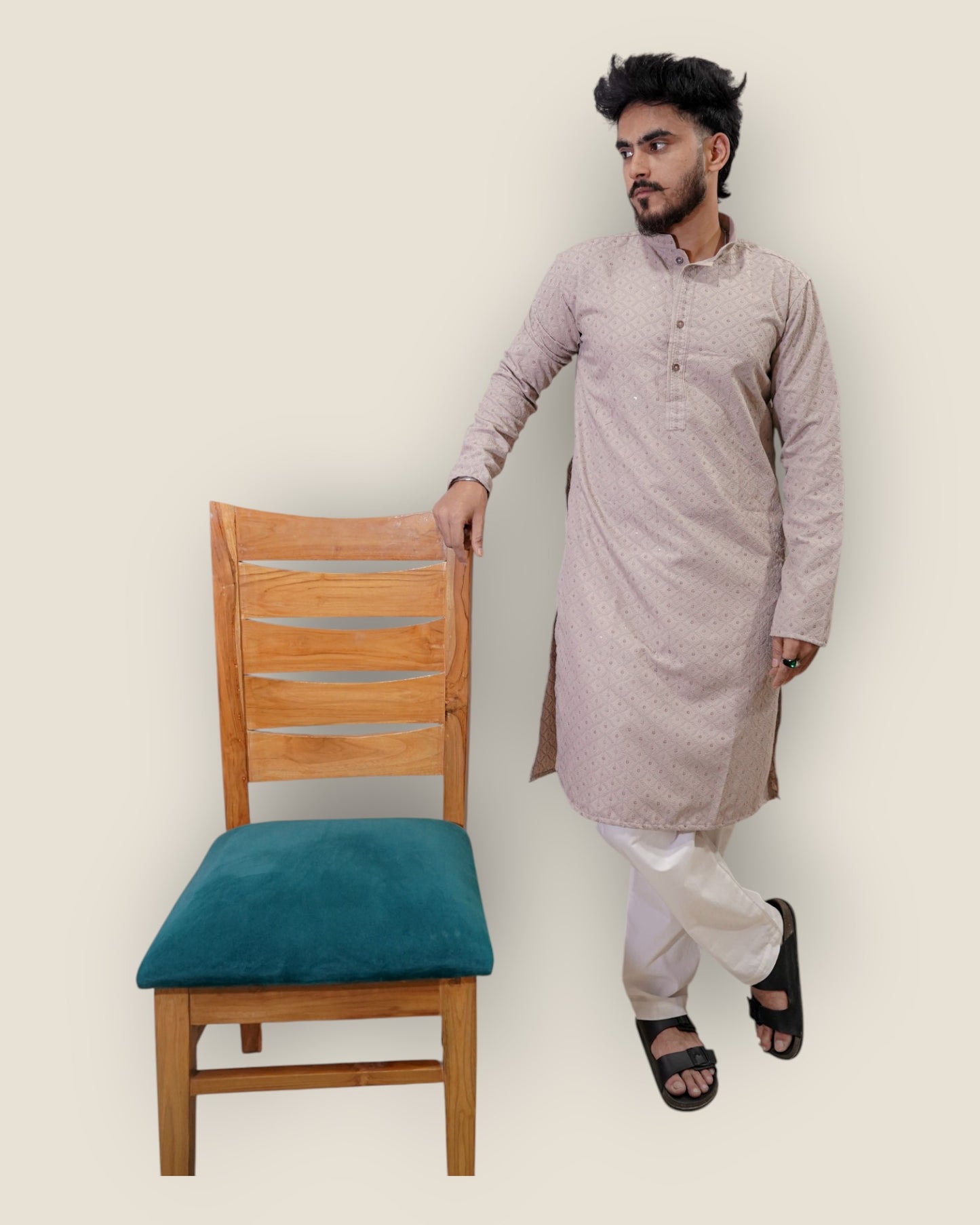 Men’s Beige Jacquard Kurta – Elegant Ethnic Wear by Murih