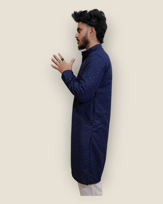 Men’s Navy Blue Jacquard Kurta – Stylish Ethnic Wear by Murih