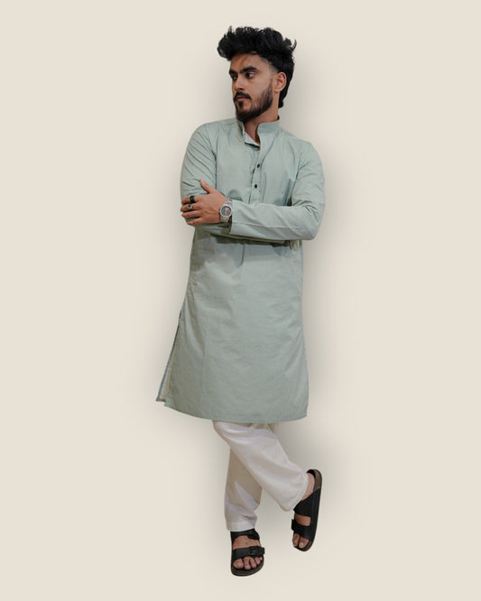 Men’s Mint Green Cotton Printed Kurta – Stylish Ethnic Wear by Murih