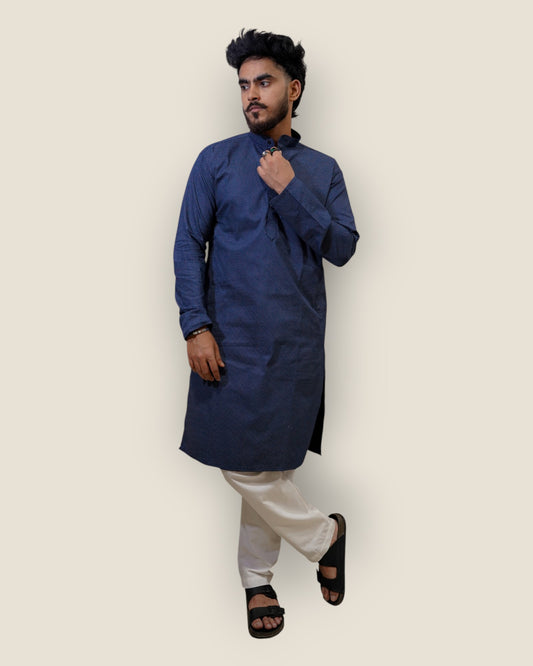 Men’s Navy Blue Cotton Printed Kurta – Party & Festive Wear by Murih