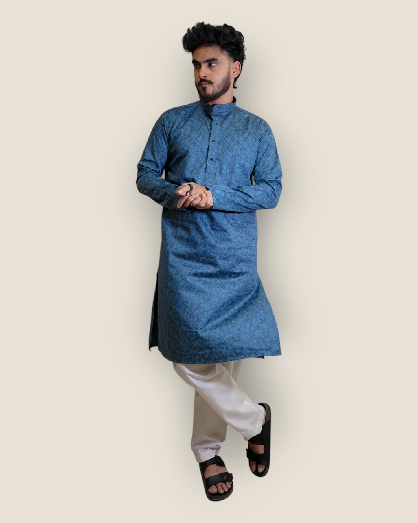 Men’s Teal Blue Cotton Printed Kurta – Modern Ethnic Wear by Murih