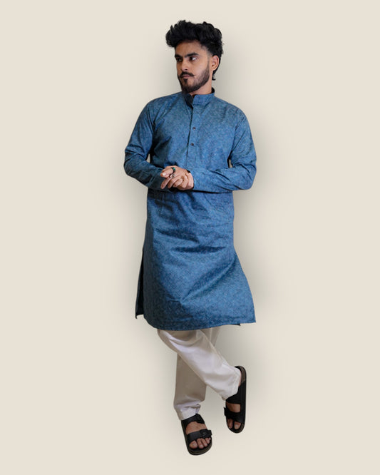 Men’s Teal Blue Cotton Printed Kurta – Modern Ethnic Wear by Murih