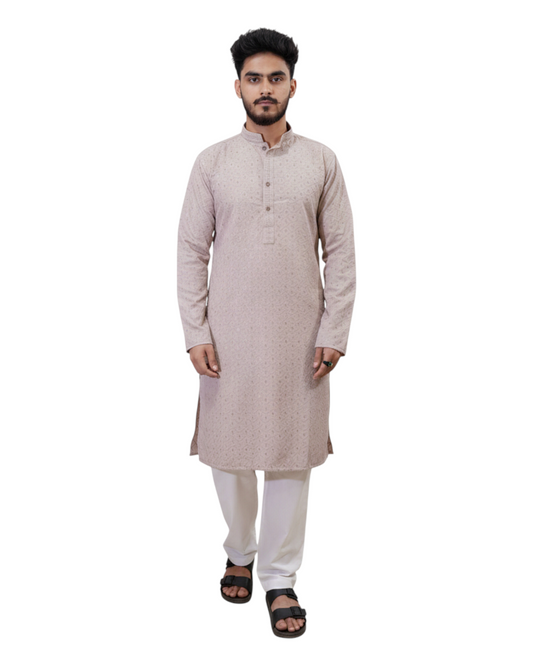 Murih Men's Beige Chikankari Jacquard Kurta Pyjama Set
