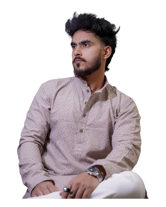 Murih Men's Beige Chikankari Jacquard Kurta Pyjama Set