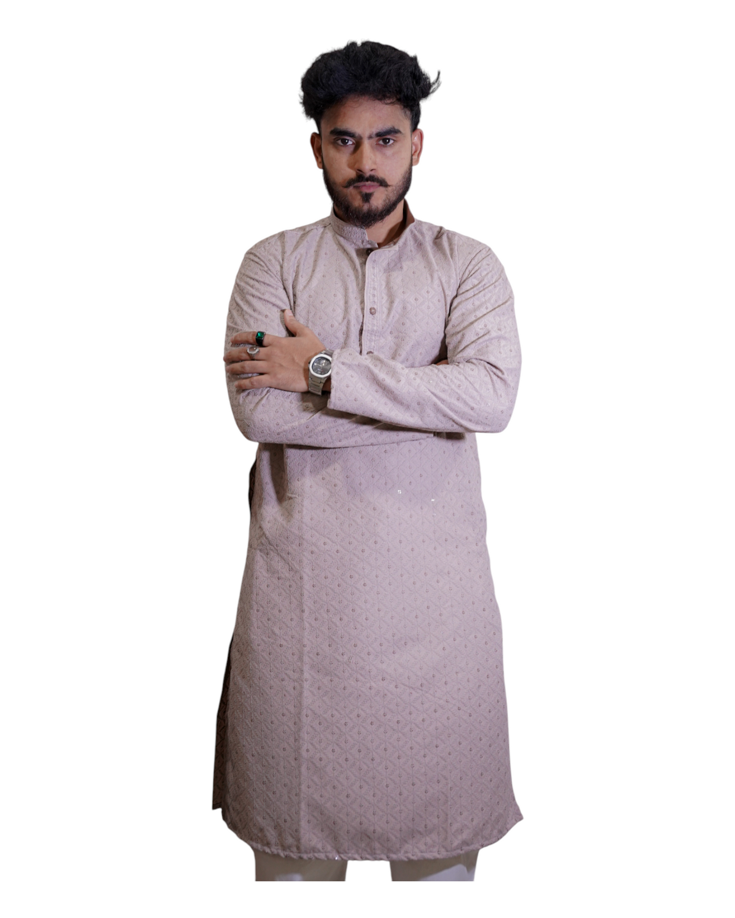 Murih Men's Beige Chikankari Jacquard Kurta Pyjama Set