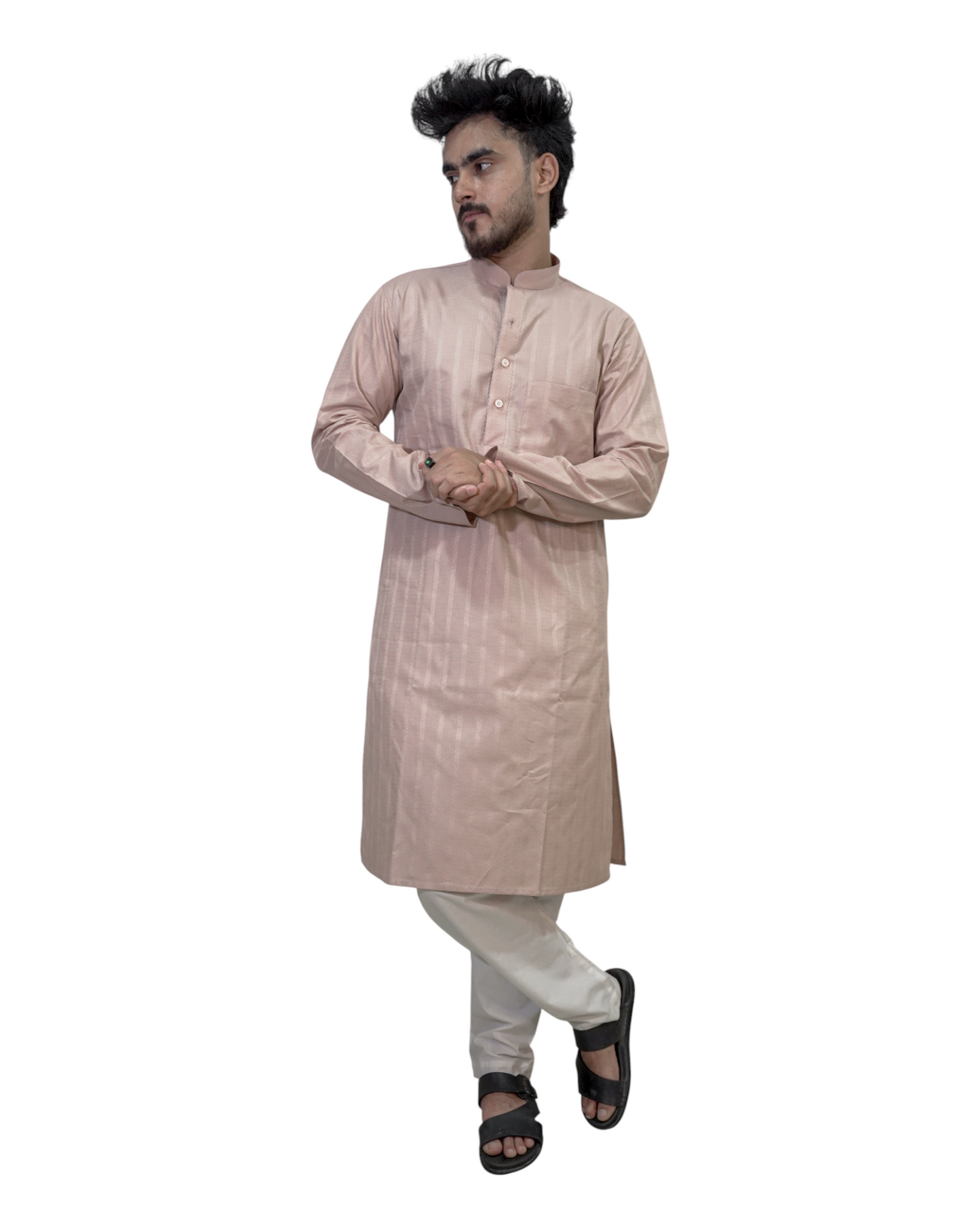 Murih Men's Beige Cotton Blend Striped Kurta Pyjama Set