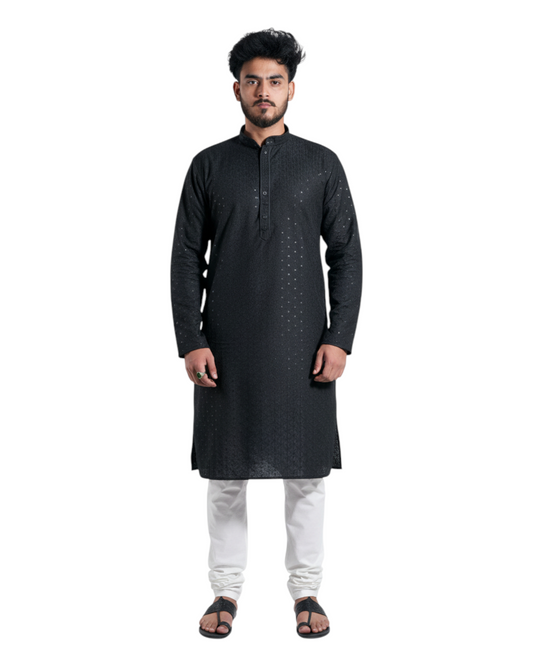 Murih Men's Black Chikankari Jacquard Kurta Pyjama Set