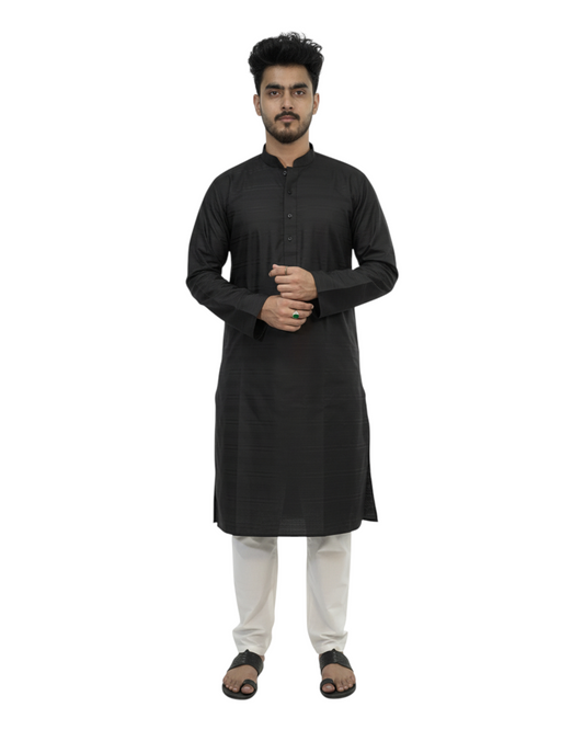 Murih Men's Black Cotton Blend Striped Kurta Pyjama Set