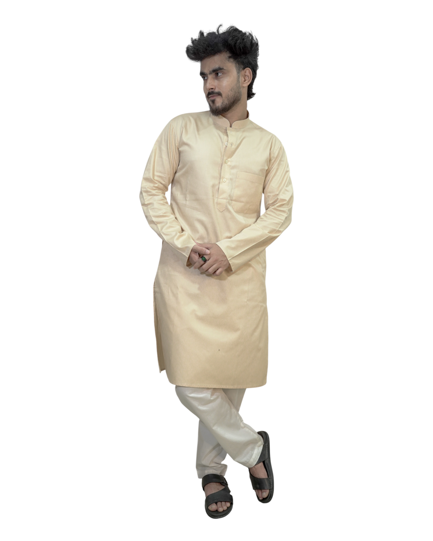 Murih Men's Cream Cotton Blend Textured Kurta Pyjama Set