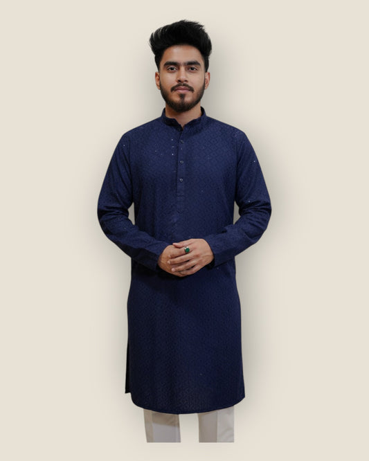 Men’s Navy Blue Jacquard Kurta – Stylish Ethnic Wear by Murih