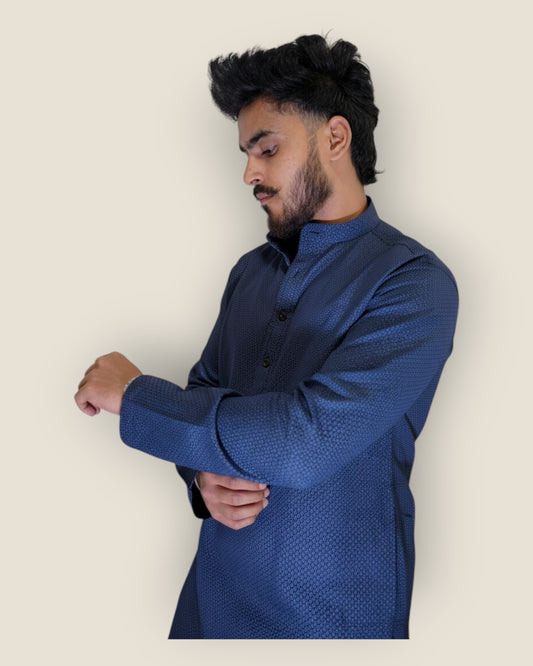 Men’s Navy Blue Cotton Printed Kurta – Party & Festive Wear by Murih