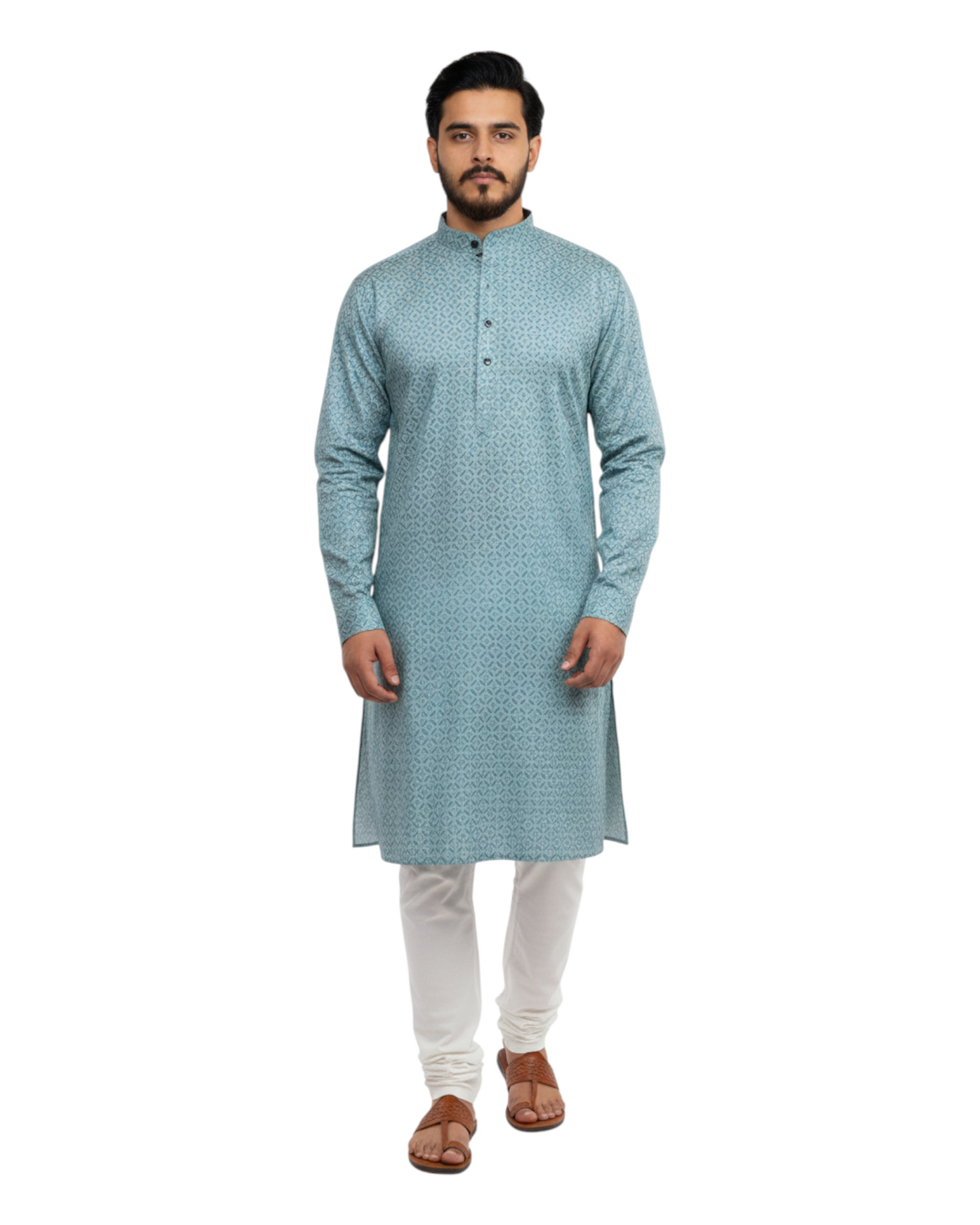 Murih Men's Light Blue Cotton Geometric Print Kurta Pyjama Set
