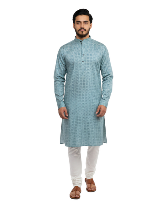Murih Men's Light Blue Cotton Geometric Print Kurta Pyjama Set