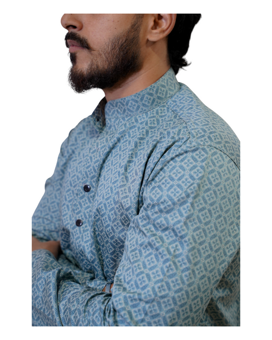 Murih Men's Light Blue Cotton Geometric Print Kurta Pyjama Set