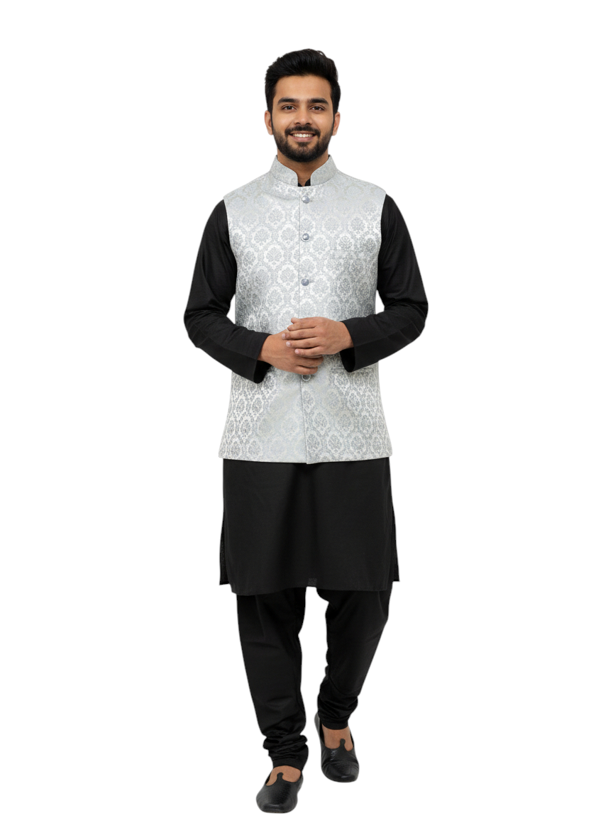 Murih Men’s Light Grey Jacquard Nehru Jacket | Ethnic Modi Waistcoat