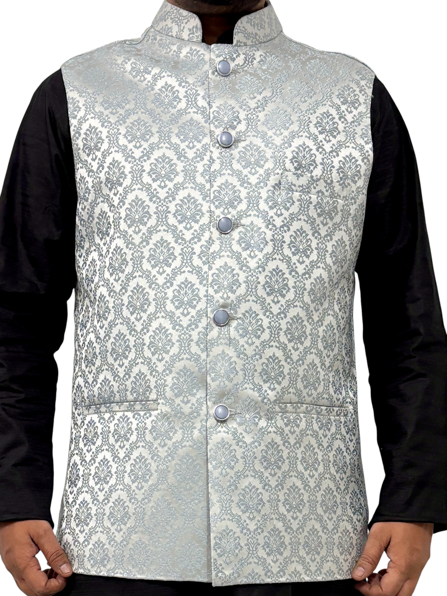 Murih Men’s Light Grey Jacquard Nehru Jacket | Ethnic Modi Waistcoat