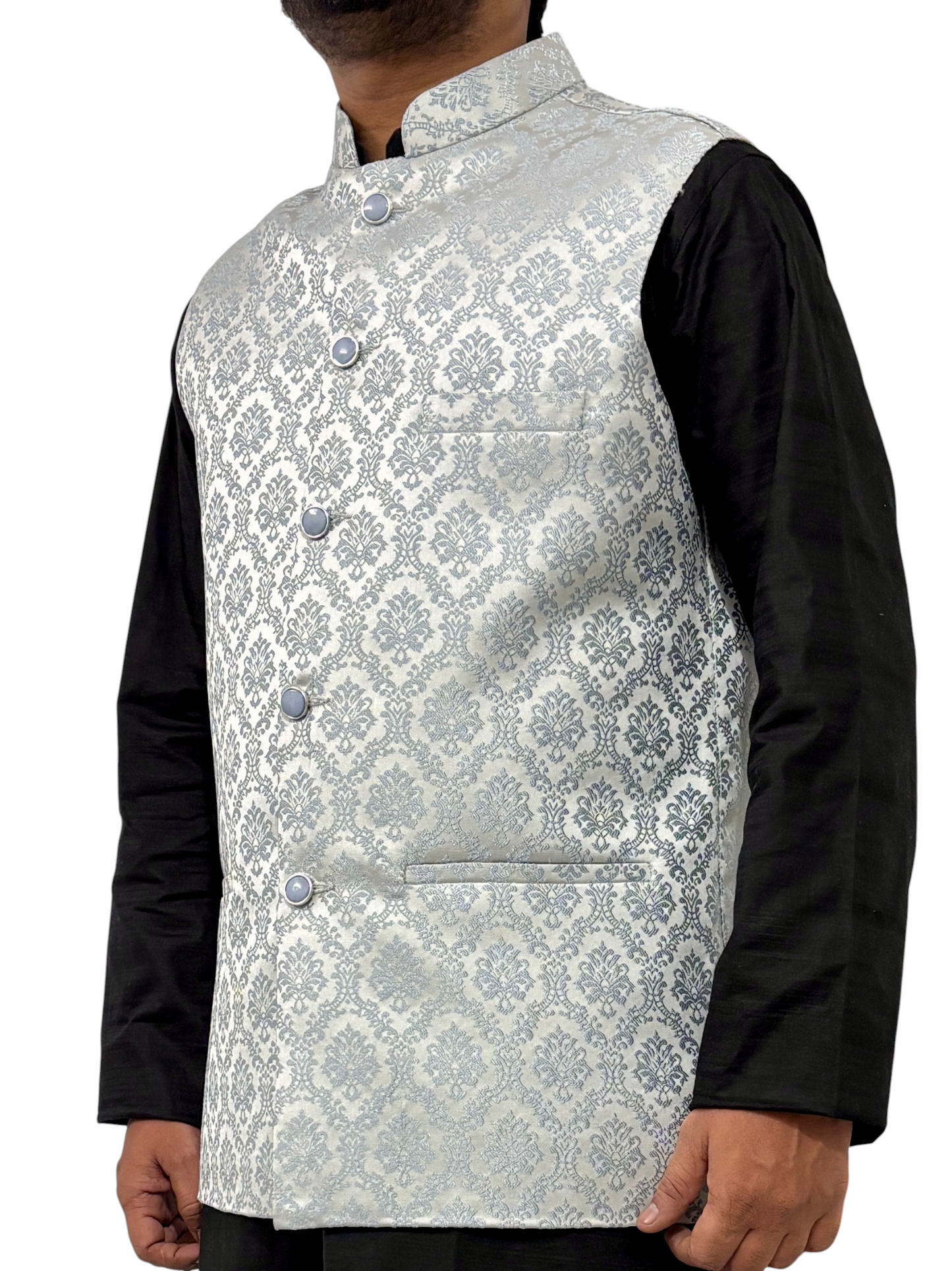 Murih Men’s Light Grey Jacquard Nehru Jacket | Ethnic Modi Waistcoat