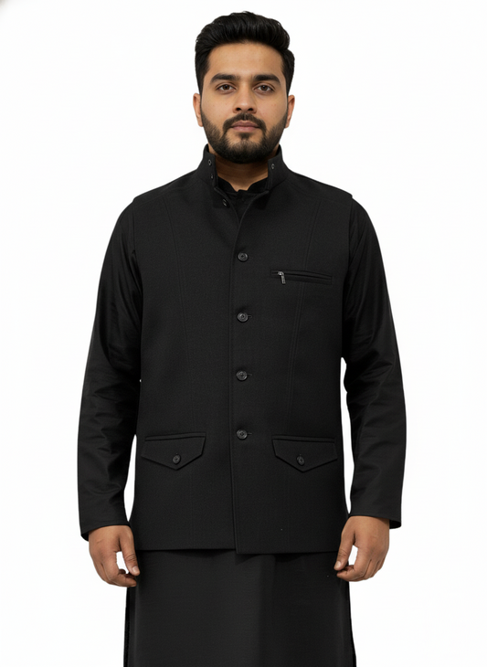 Murih Men’s Black Tweed Nehru Jacket | Ethnic Winter Modi Waistcoat