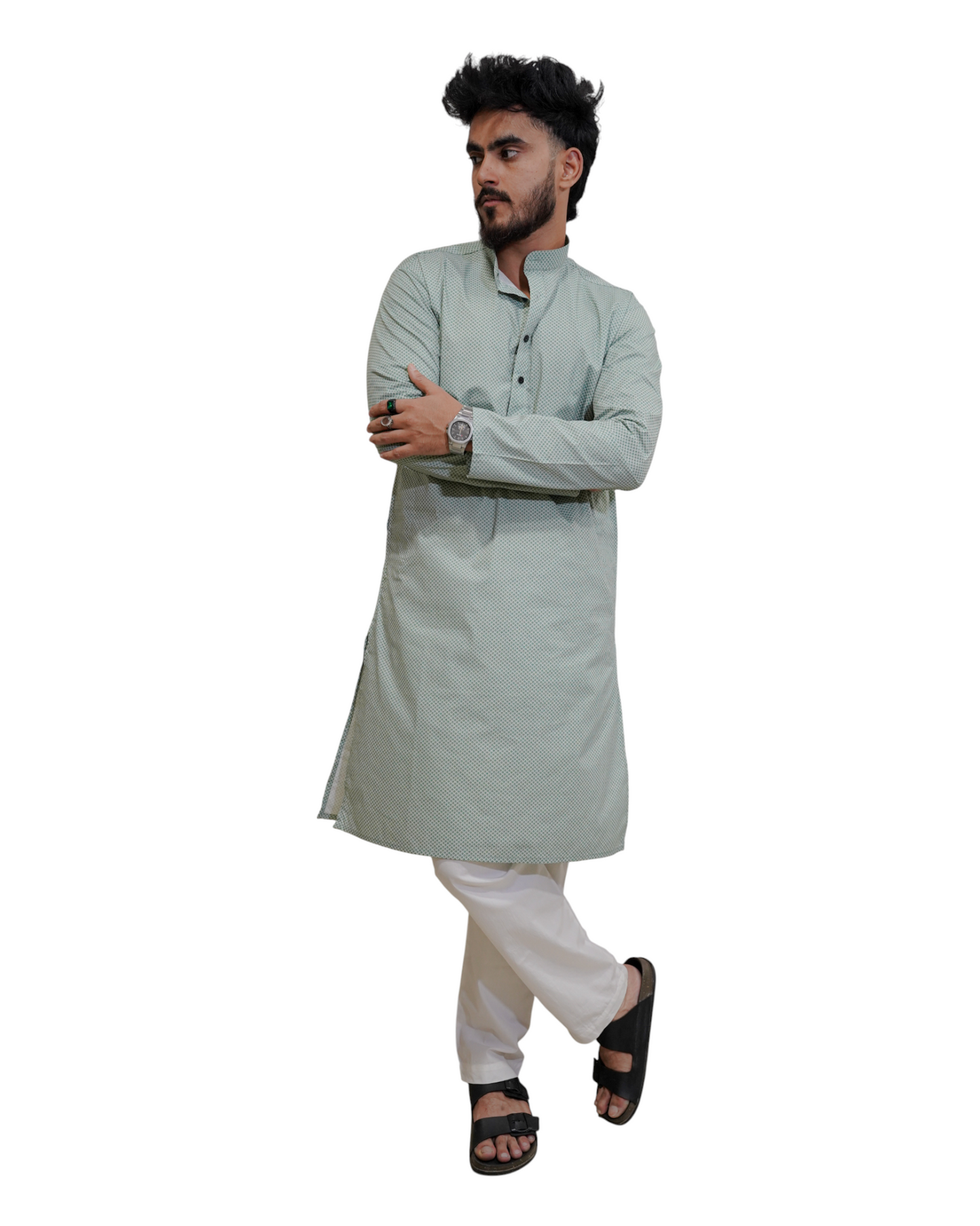 Murih Men's Mint Green Cotton Geometric Print Kurta Pyjama Set