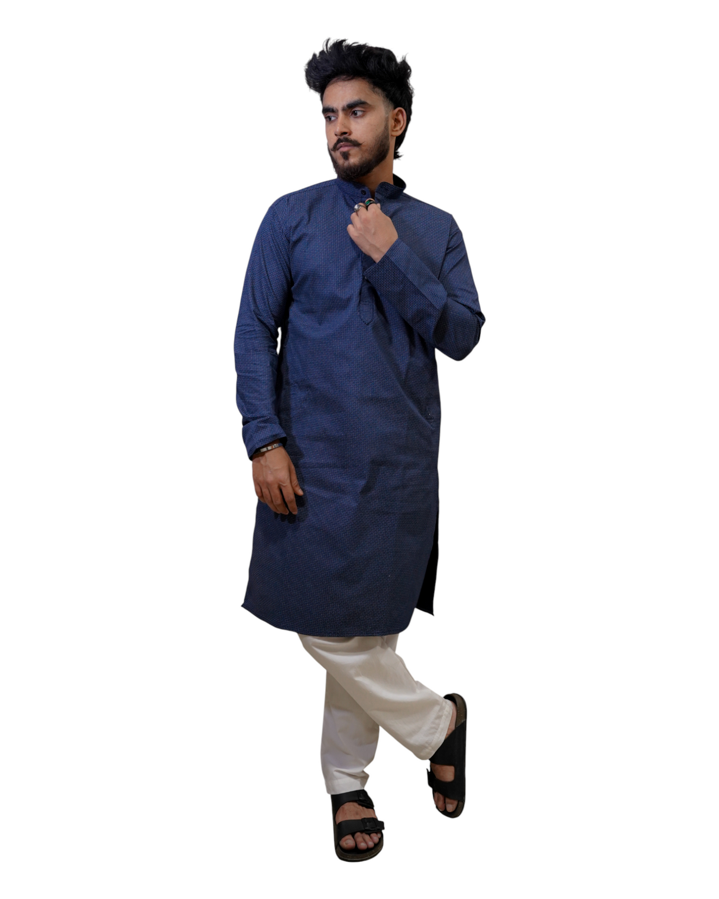 Murih Men's Navy Blue Cotton Geometric Print Kurta Pyjama Set