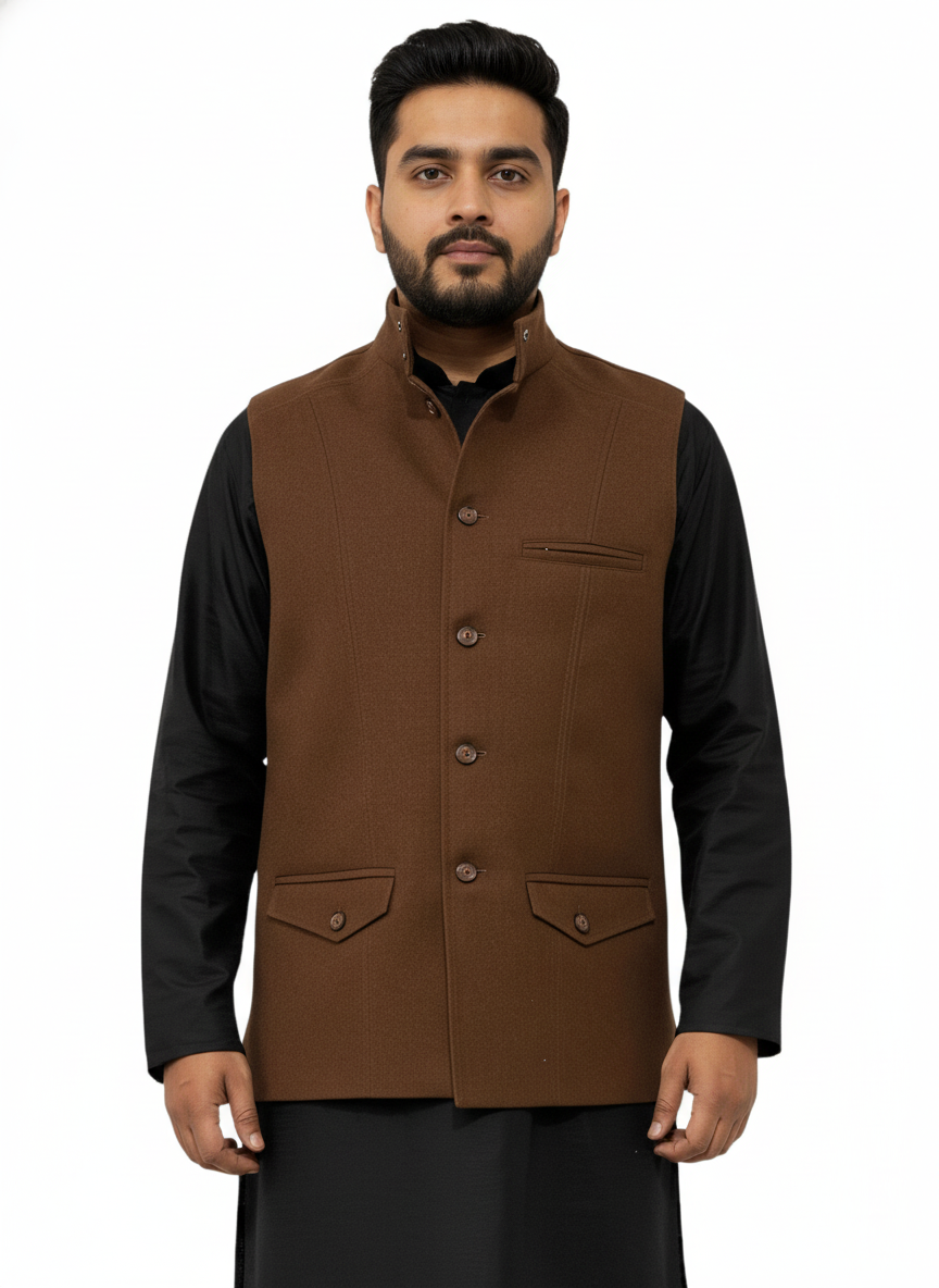 Murih Men’s Brown Tweed Nehru Jacket | Wool Blend Modi Waistcoat