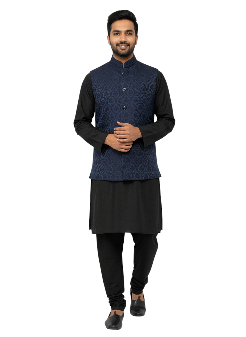 Murih Men’s Navy Blue Jacquard Nehru Jacket | Ethnic Modi Waistcoat