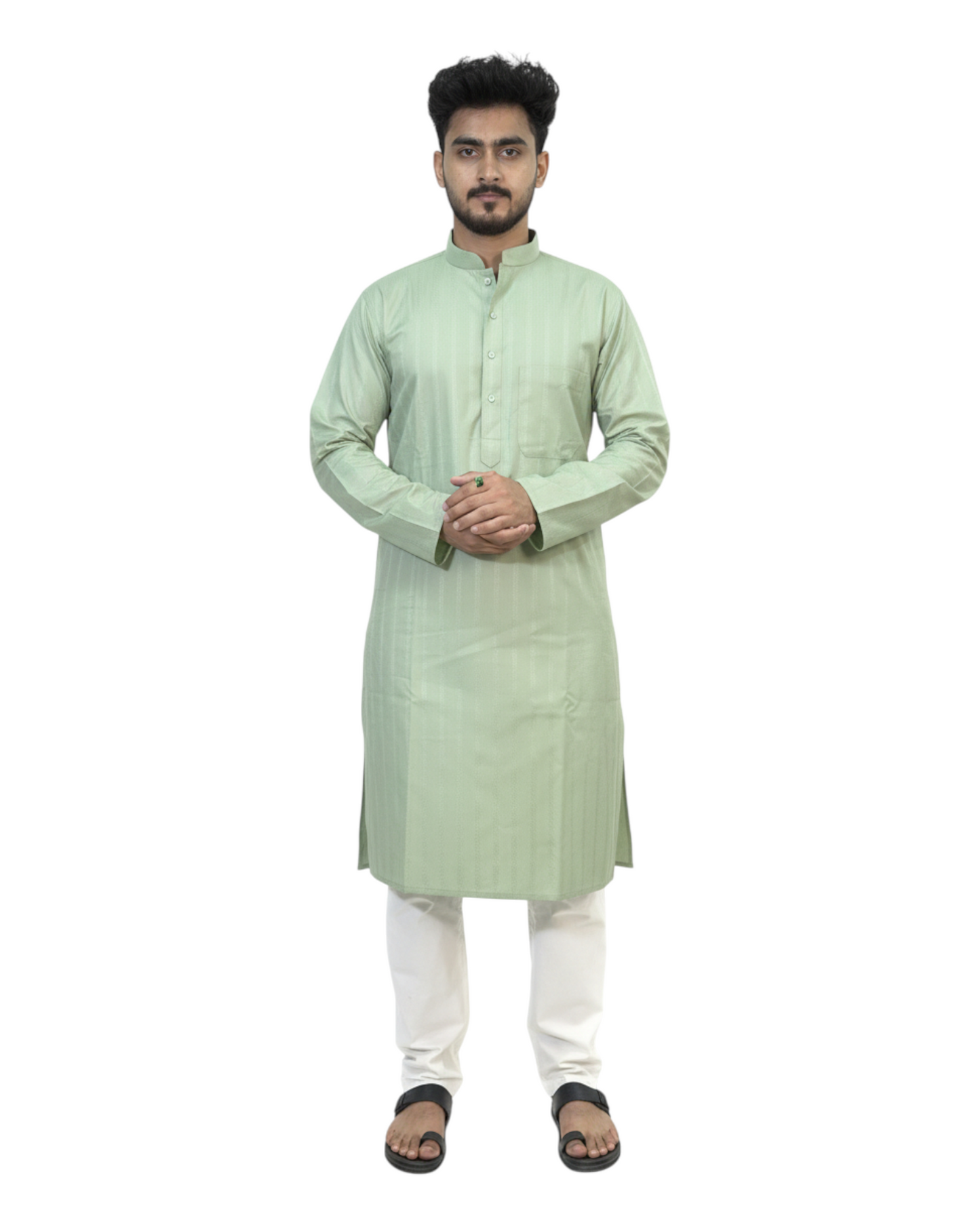 Murih Men's Pastel Green Cotton Blend Striped Kurta Pyjama Set